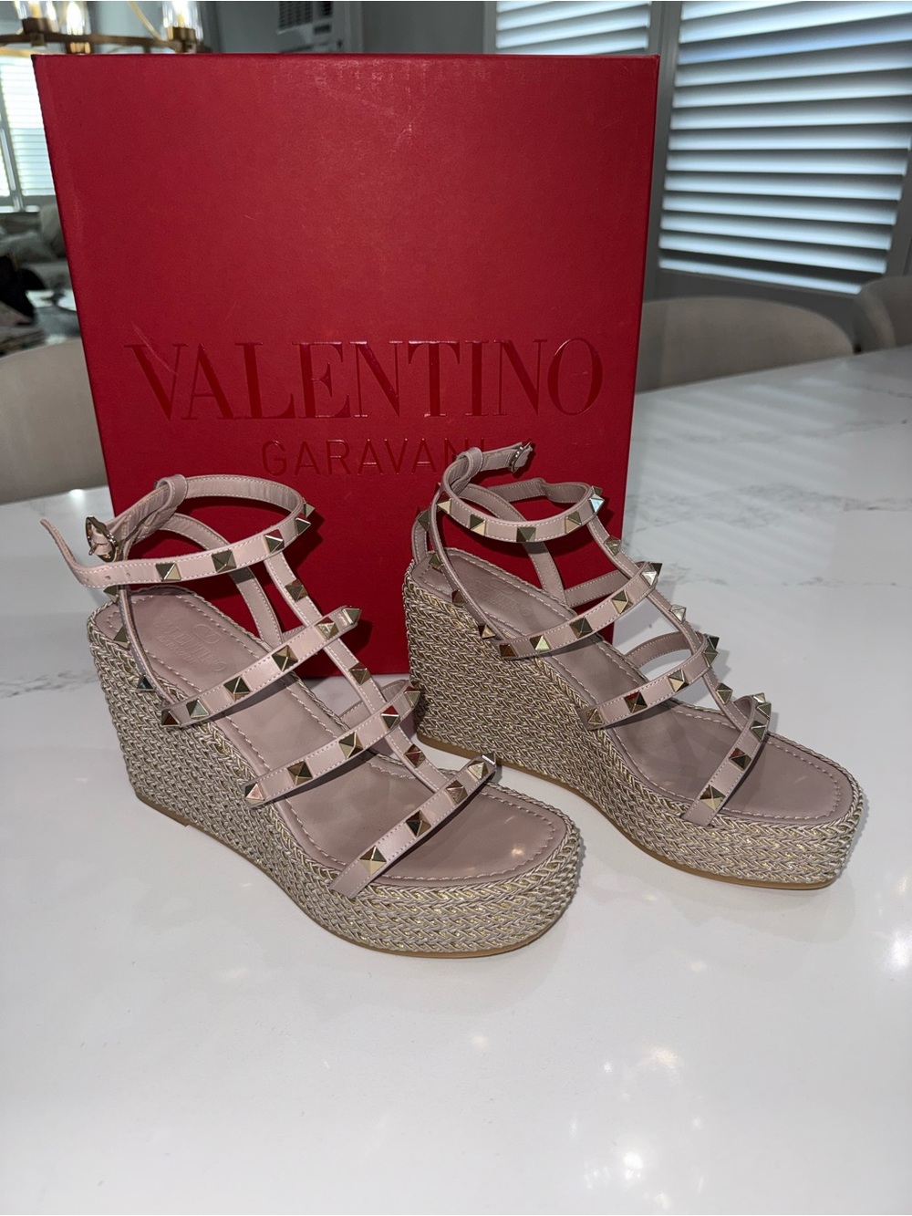 Valentino Pink Rockstud Espadrille Wedge Sandals